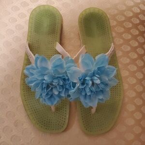 Kate Spade Bella Jelly Flip Flops Lime Green w/ Blue Peonies, Flowers, Sz 10